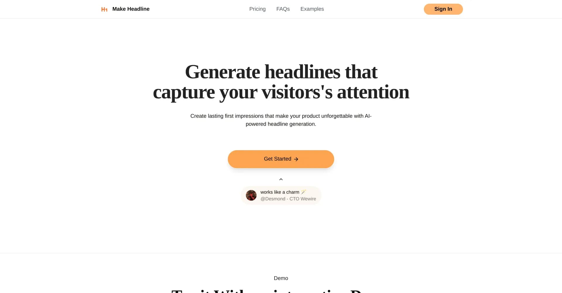 Make Headline homepage screenshot — Generate captivating SaaS headlines in seconds.