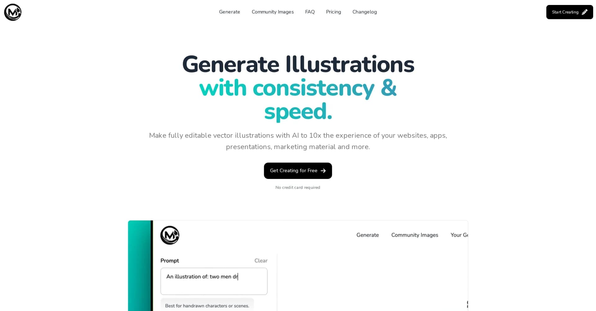 Make Illustrations homepage screenshot — Generate editable AI vector illustrations for any project