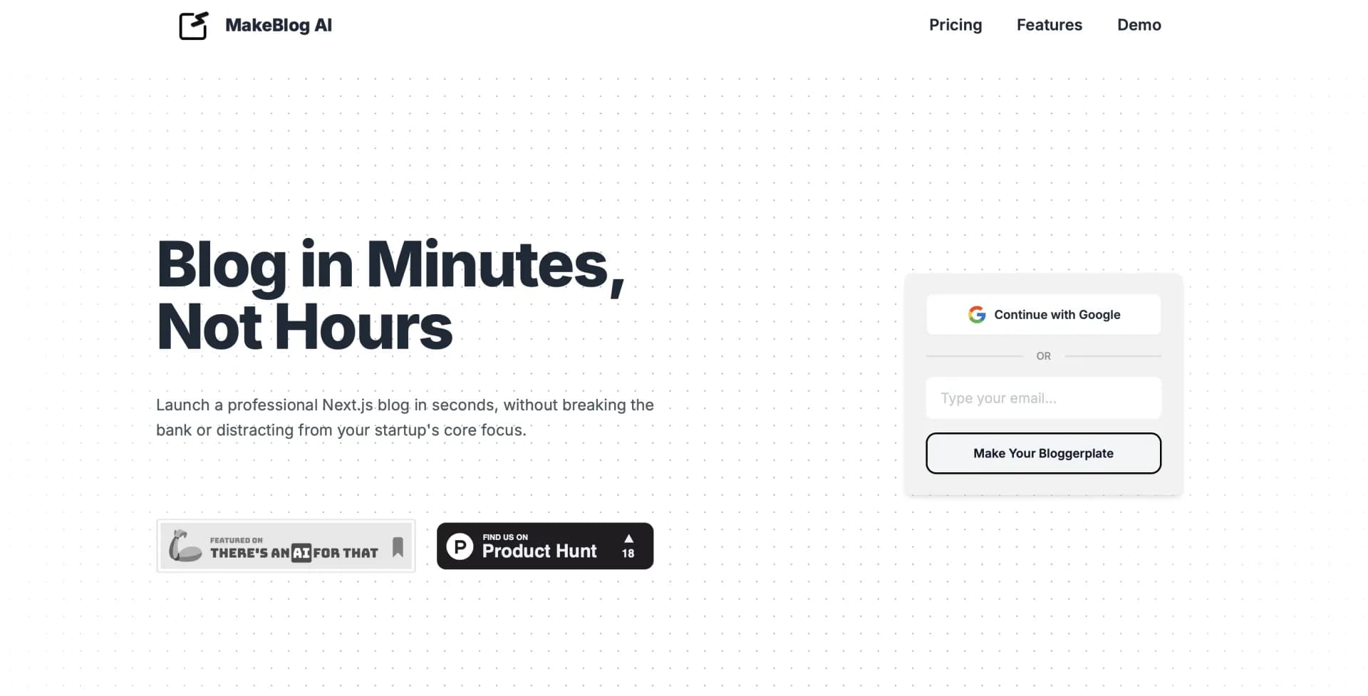 MakeBlog AI homepage screenshot — Blog in minutes, not hours with AI-powered templates.