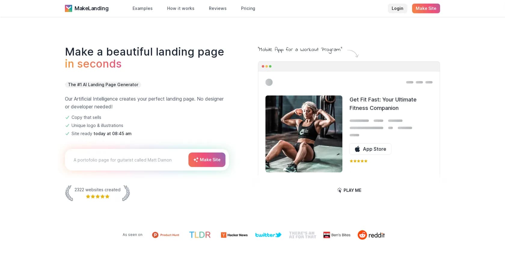 MakeLanding homepage screenshot — Create stunning landing pages instantly with AI