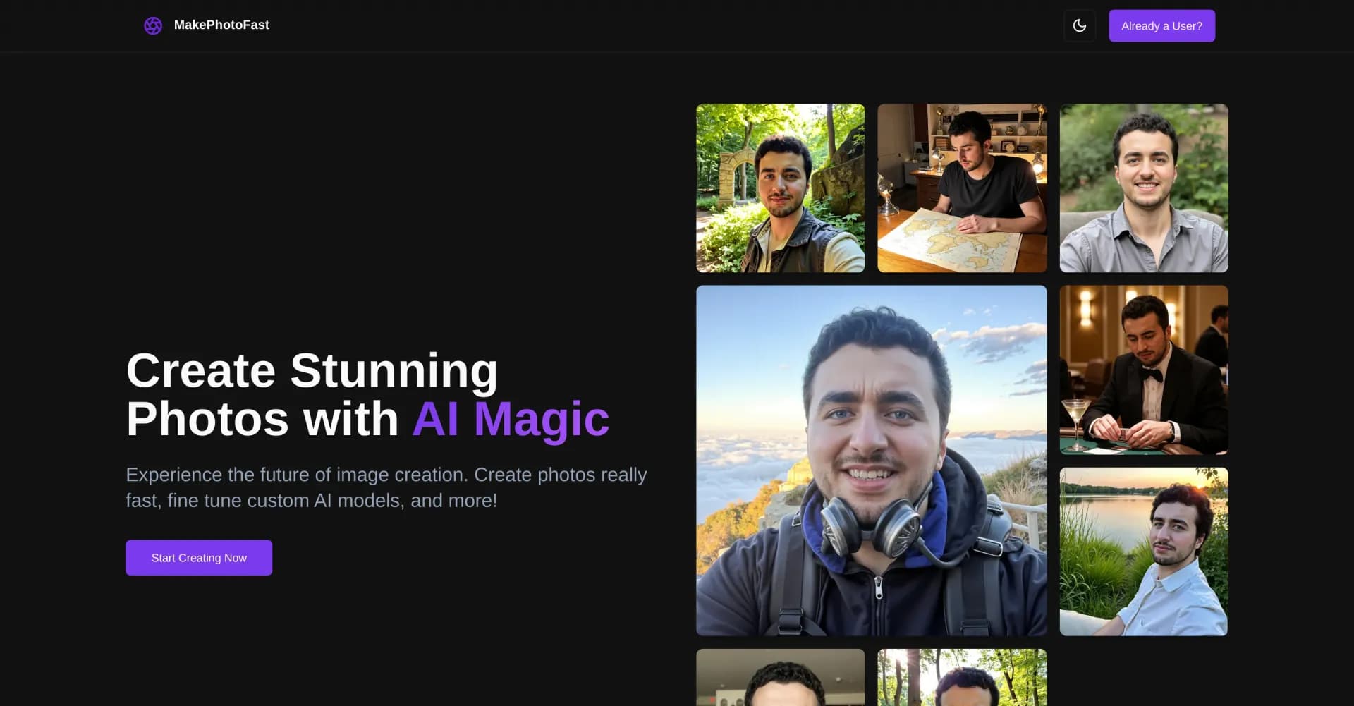 MakePhotoFast homepage screenshot — Create stunning photos with AI magic in seconds