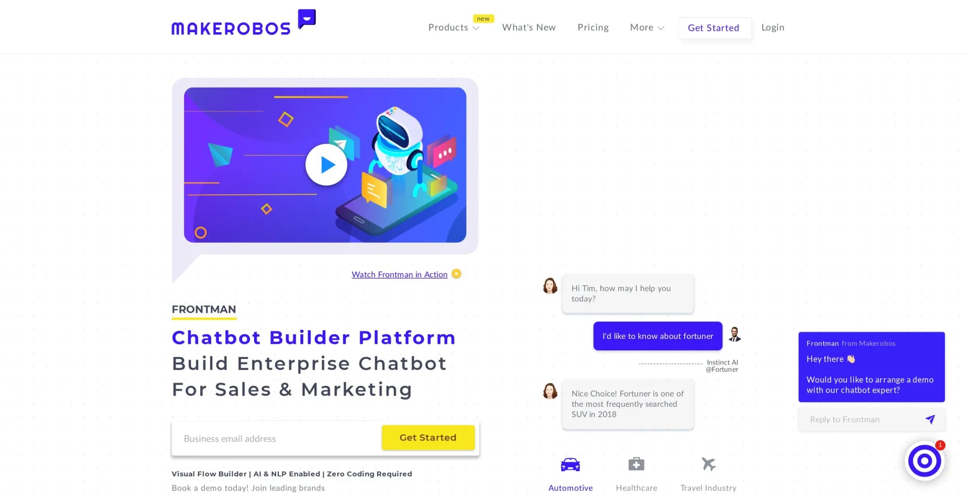 Makerobos homepage screenshot — Build intelligent enterprise chatbots with AI and NLP