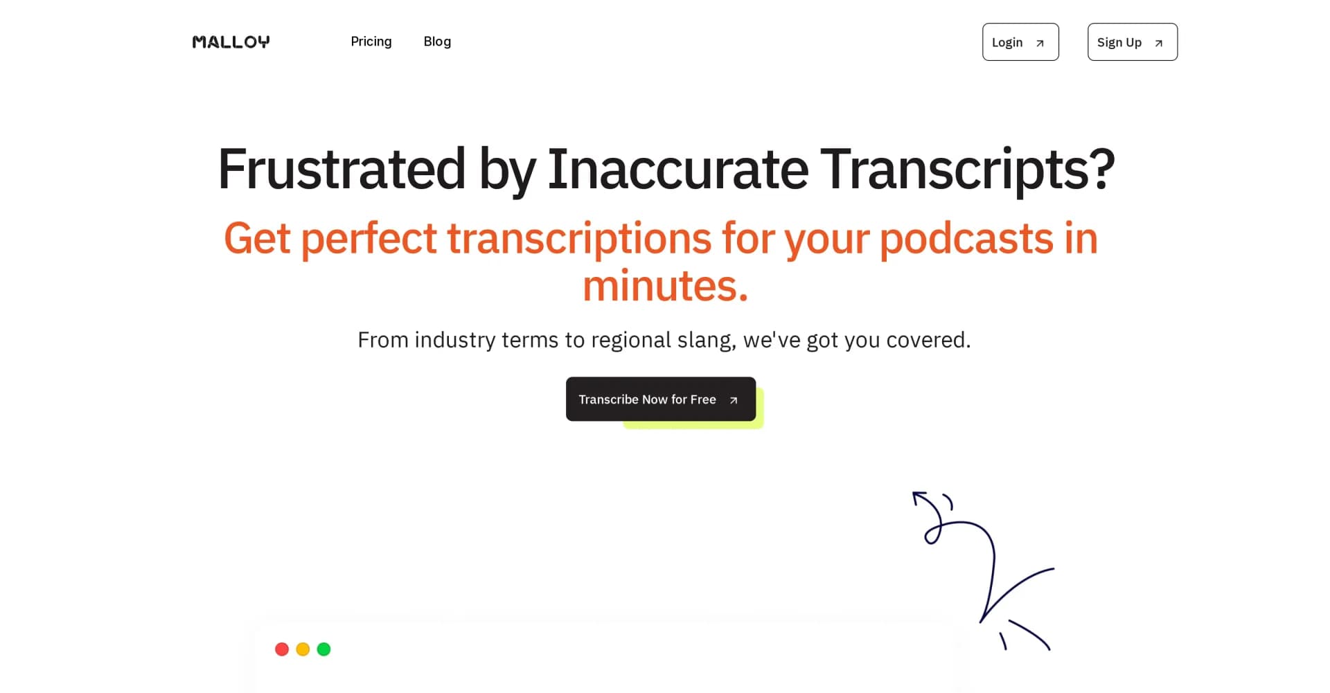 Malloy homepage screenshot — AI video transcription with unmatched accuracy