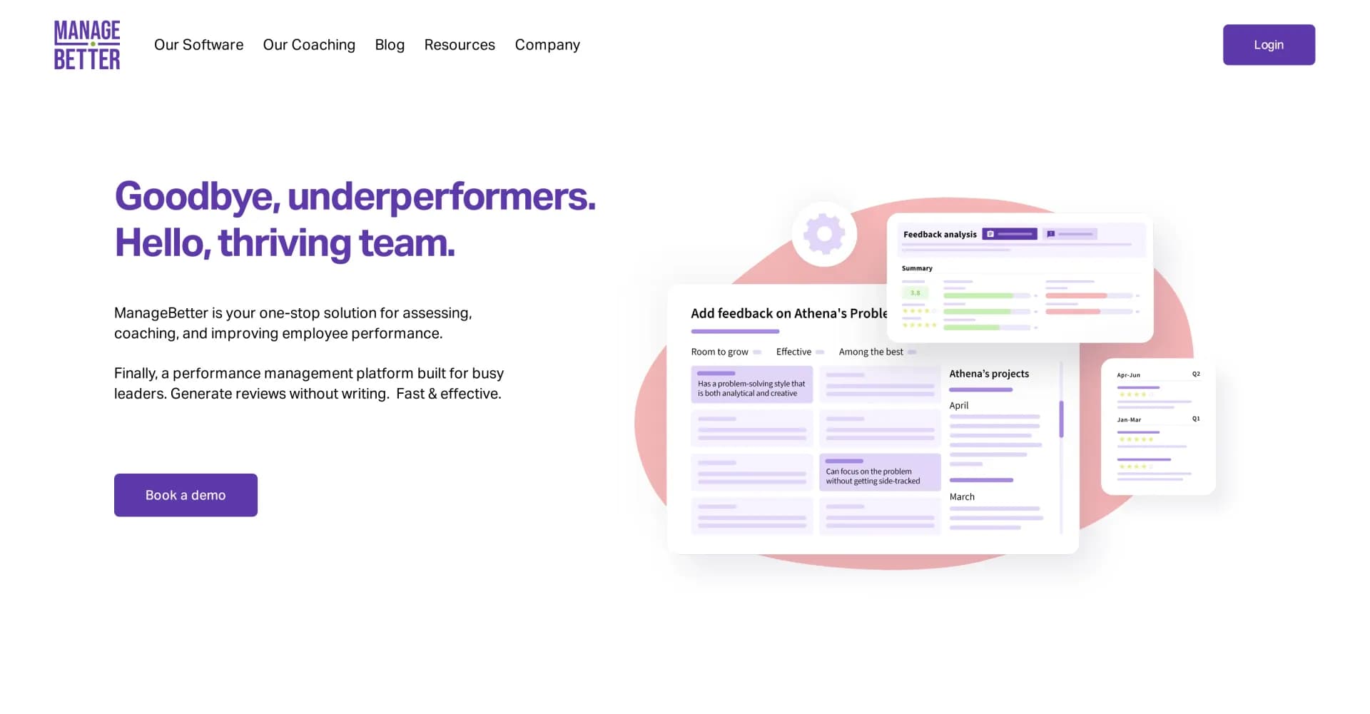 Managebetter homepage screenshot — Empower managers to build thriving teams effortlessly