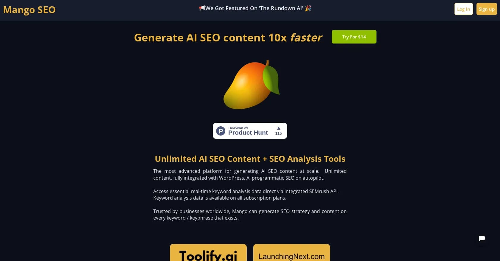MangoSEO homepage screenshot — Generate AI SEO content at scale on autopilot.