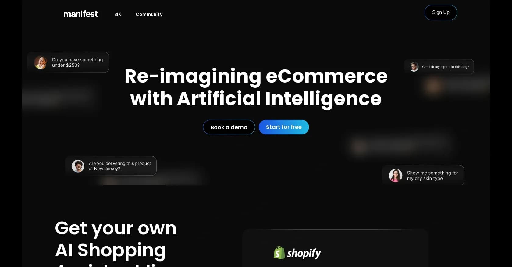 Manifest AI homepage screenshot — Suggest products, reduce drop-offs & boost eCommerce.