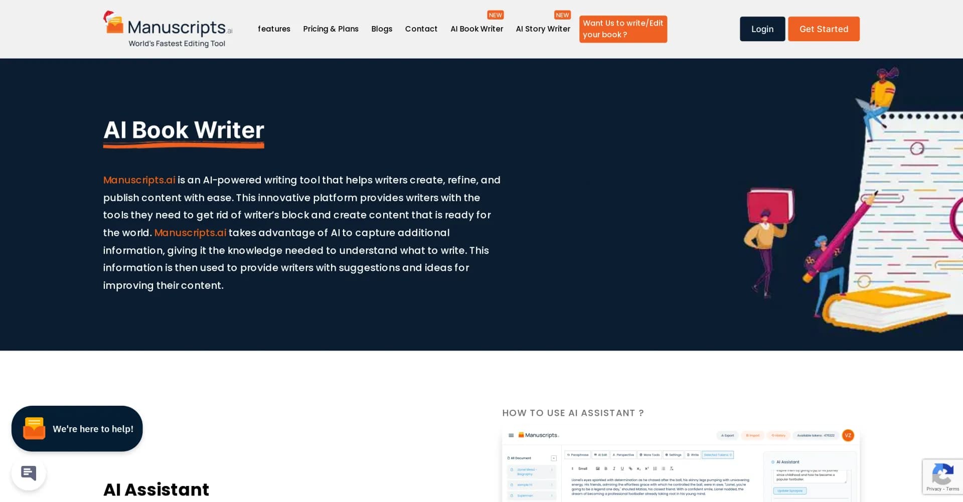 ManuscriptsAI homepage screenshot — Revolutionize your writing process with AI-powered book crea