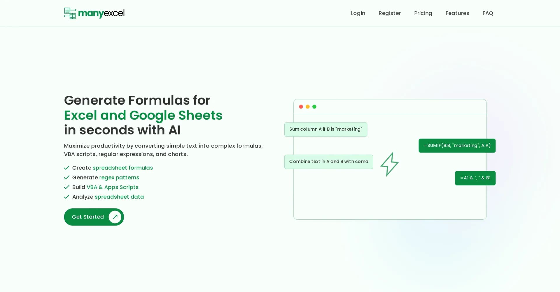 ManyExcel homepage screenshot — Generate Formulas for Excel and Google Sheets in seconds wit
