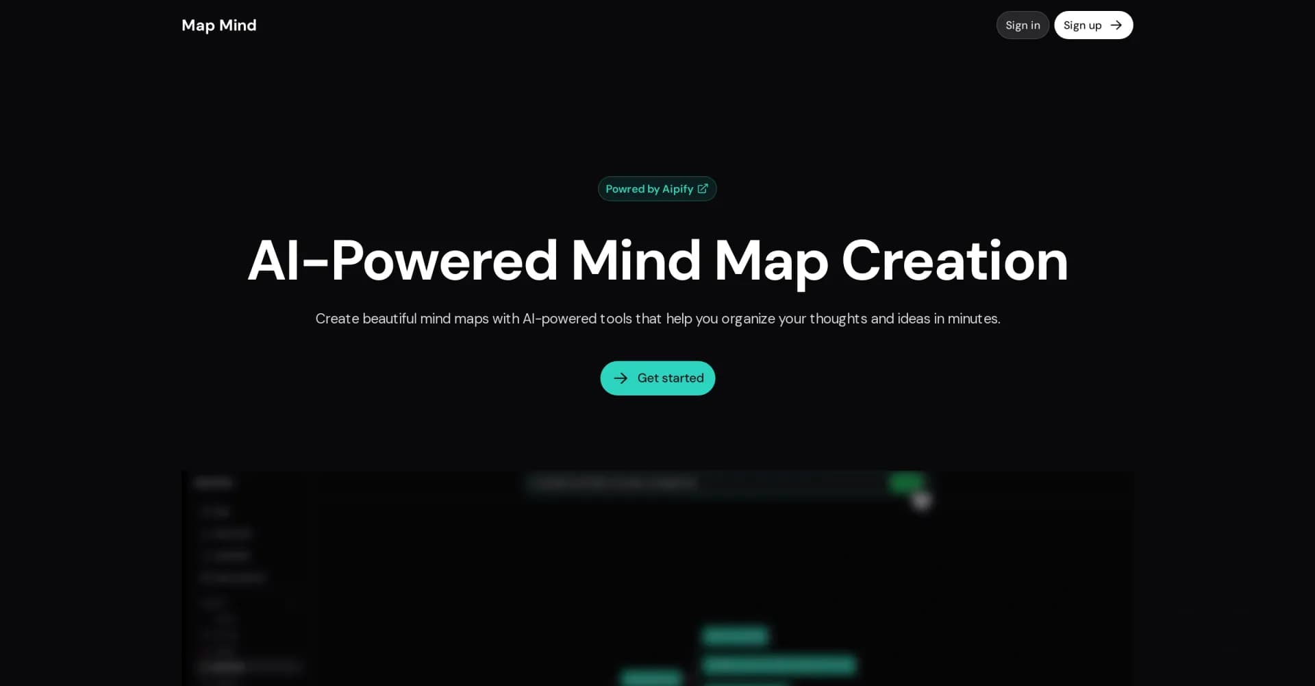 MapMindAI homepage screenshot — AI-powered mind maps: Visualize ideas in minutes.