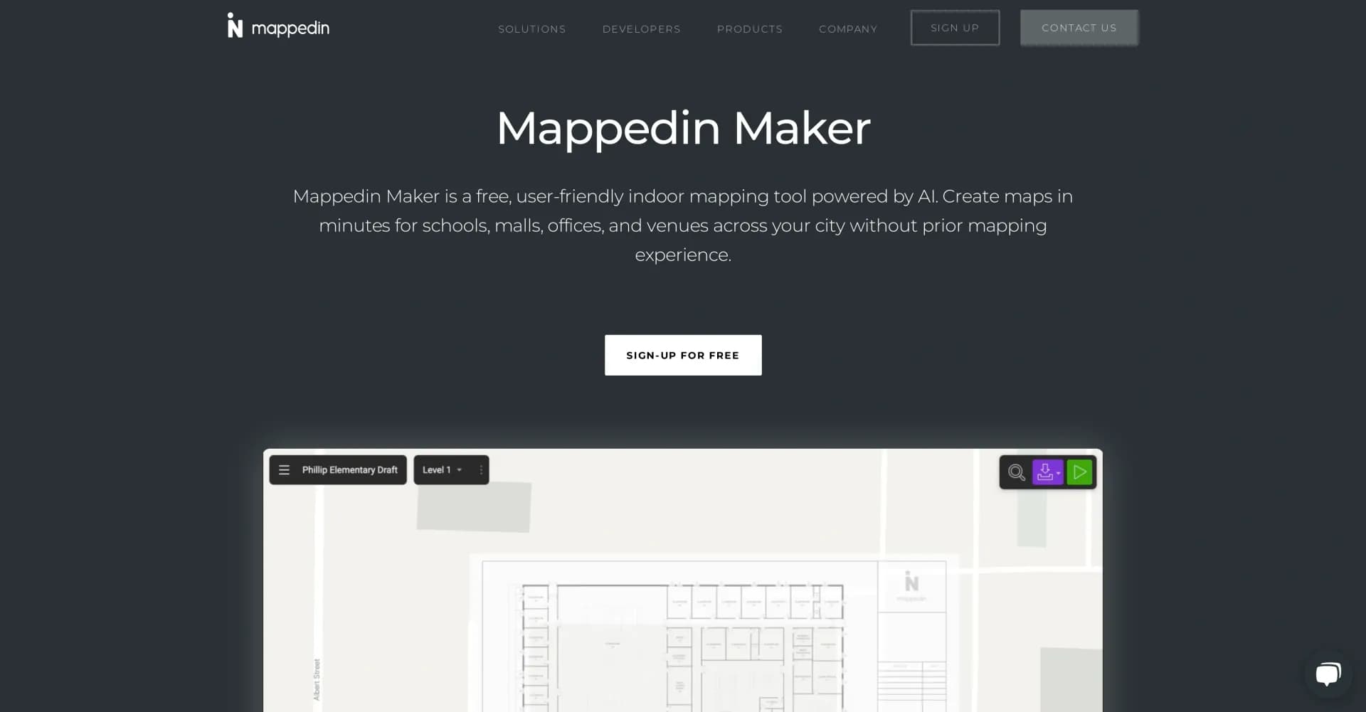 Mappedin homepage screenshot — Create indoor maps in minutes with AI