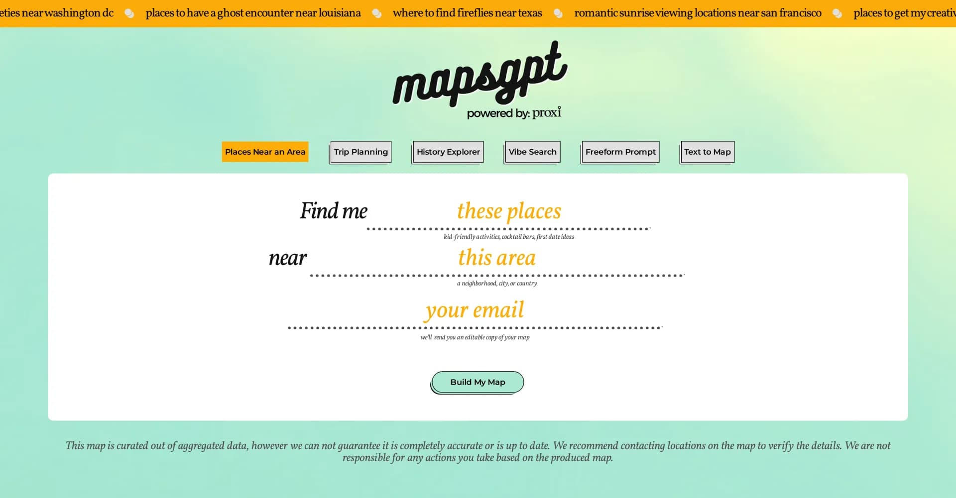 Maps GPT homepage screenshot — Generate custom maps with pins instantly