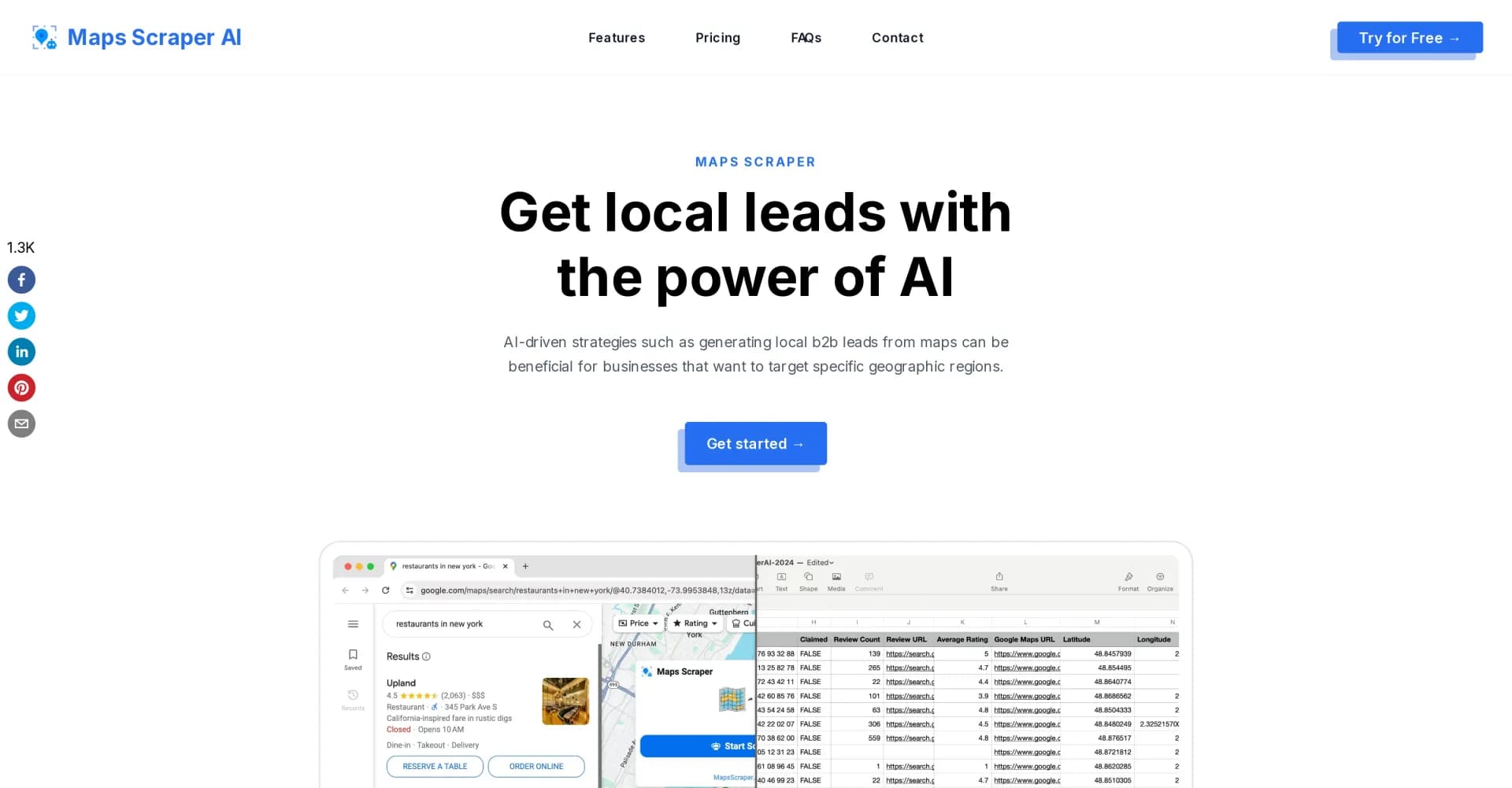 MapsScraperAI homepage screenshot — AI-powered local lead generation from maps