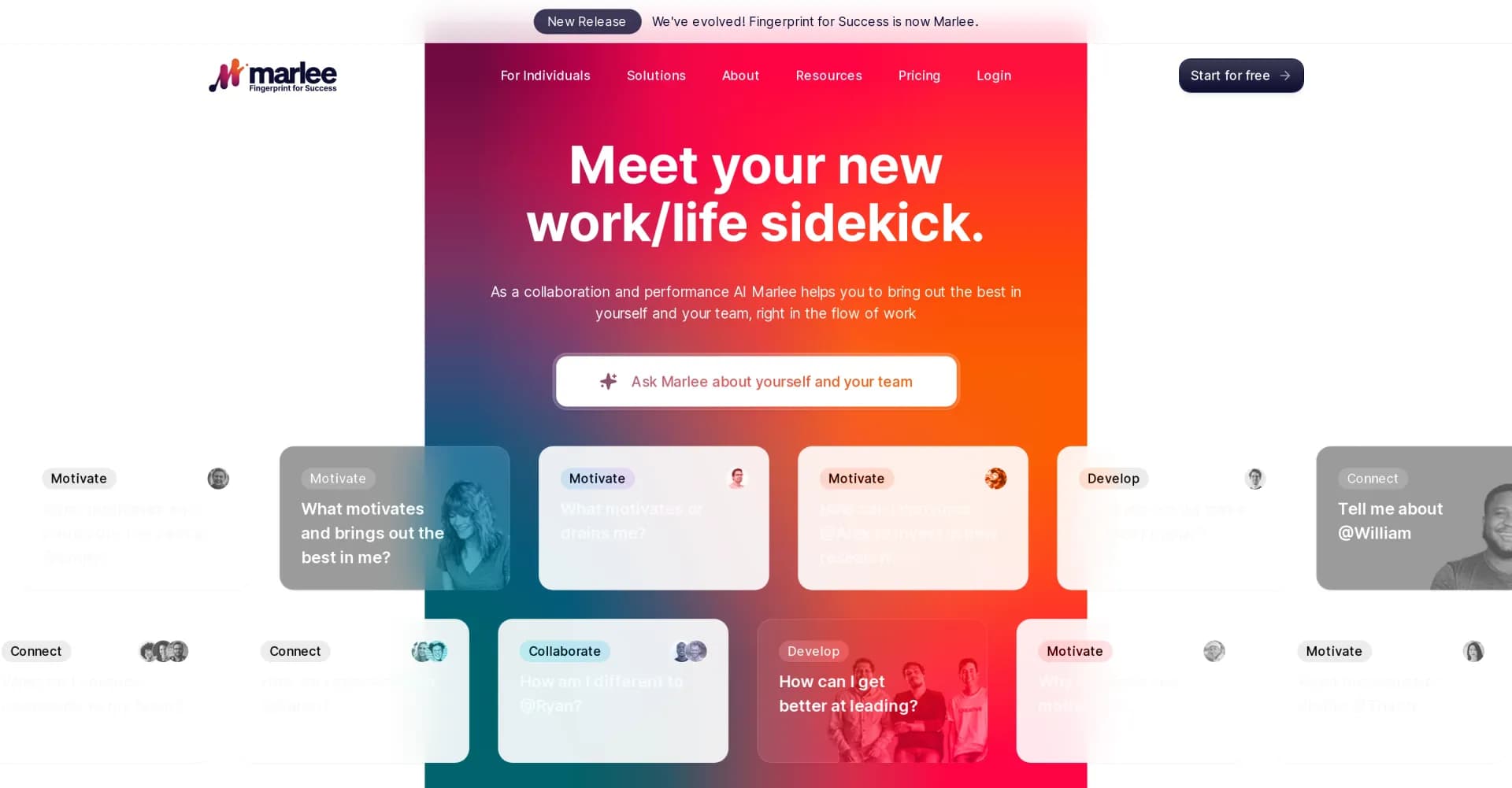 Marlee homepage screenshot — Your AI sidekick for collaboration and performance.