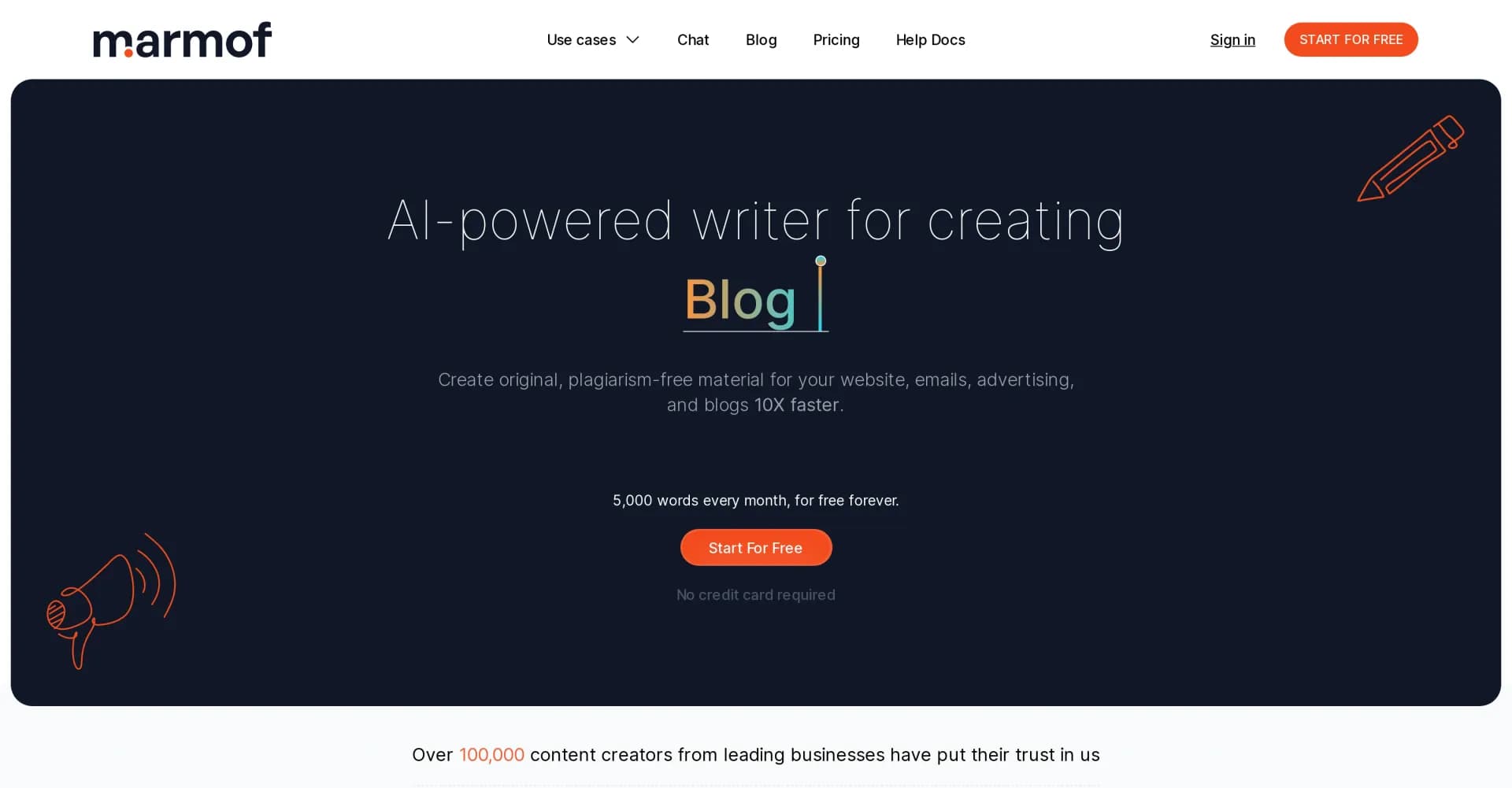 Marmof homepage screenshot — AI-powered writer for 10X faster content creation
