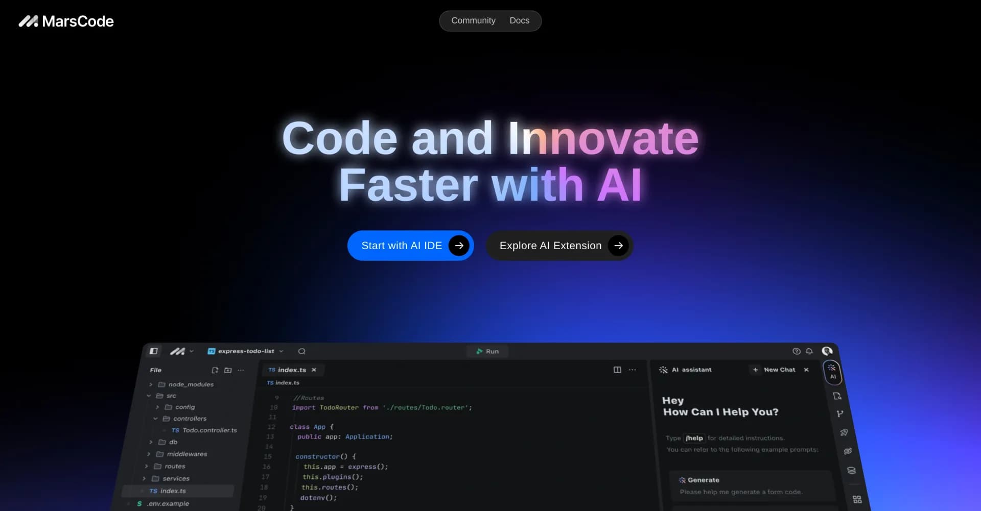 MarsCode homepage screenshot — AI-powered IDE to code and innovate faster.