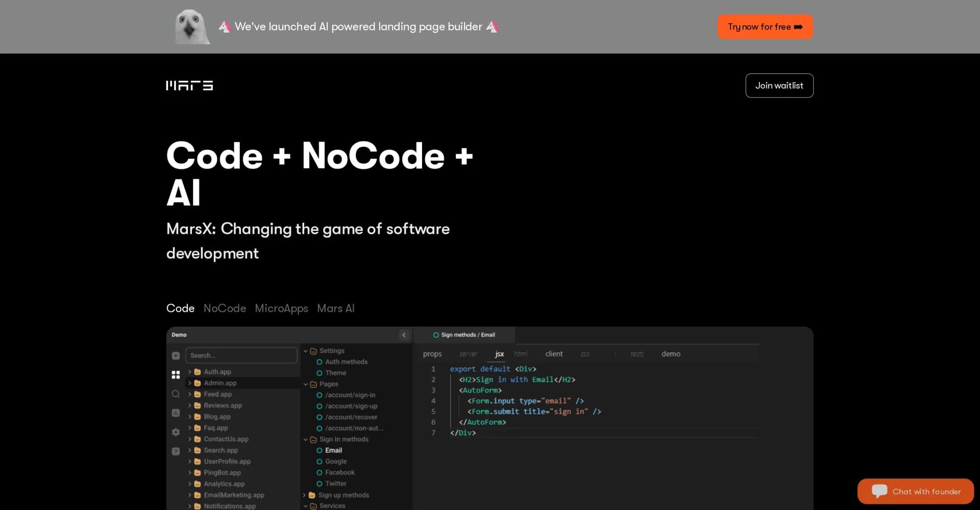 MarsX homepage screenshot — Unite AI, NoCode, and Code to build SaaS tools fast