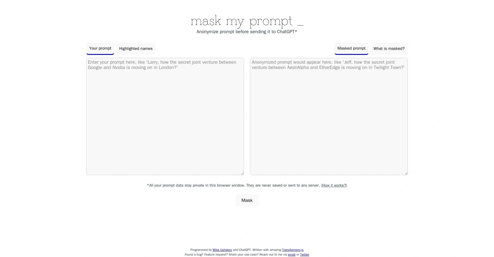 Maskmyprompt homepage screenshot — Anonymize prompts before sending to ChatGPT