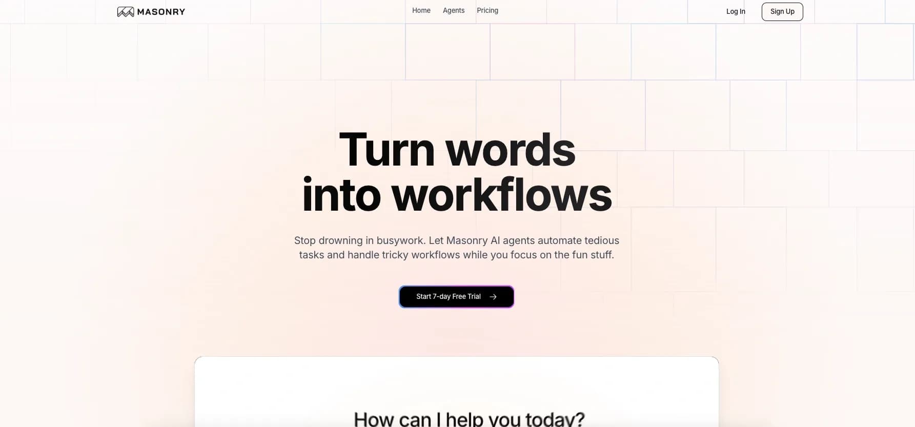 Masonry homepage screenshot — AI Agents for autonomous work