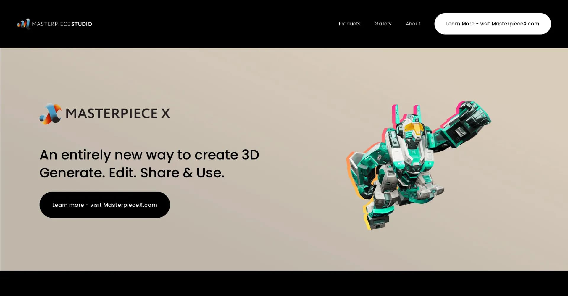 Masterpiece Studio homepage screenshot — Generate, edit, and deploy 3D creations effortlessly with AI