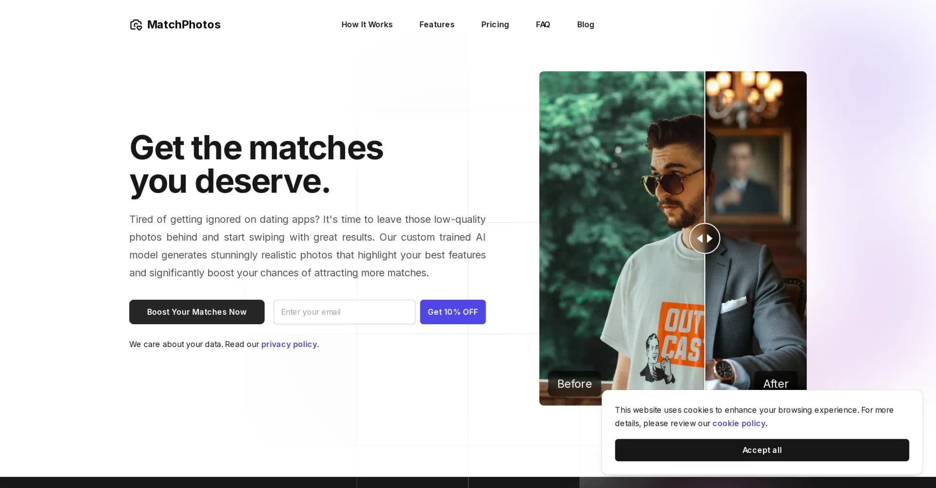 MatchPhotos homepage screenshot — AI-generated photos to boost your dating app matches