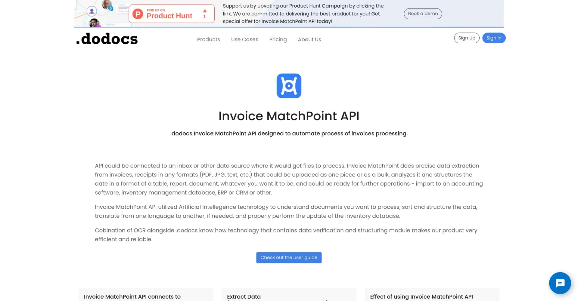 MatchPoint - dodocs.ai homepage screenshot — AI-powered invoice matching and processing automation.