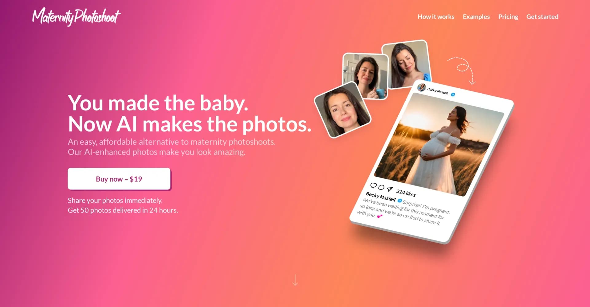 MaternityPhotoshoot homepage screenshot — AI-powered maternity photos in 24 hours.