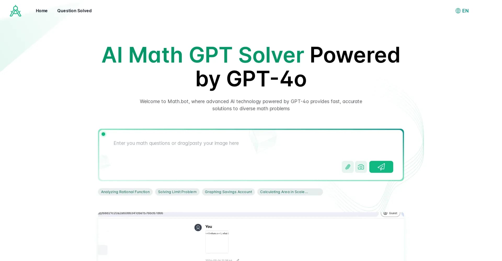 Math Bot homepage screenshot — Instant math solutions with AI-powered guidance