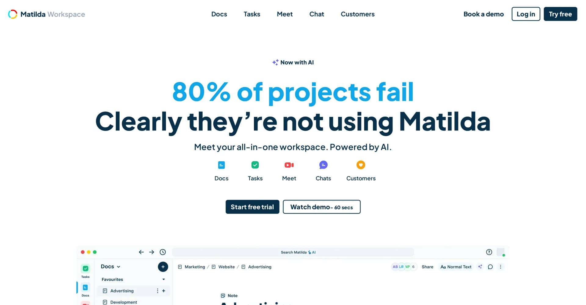 Matilda homepage screenshot — AI-powered workspace for smarter project management.