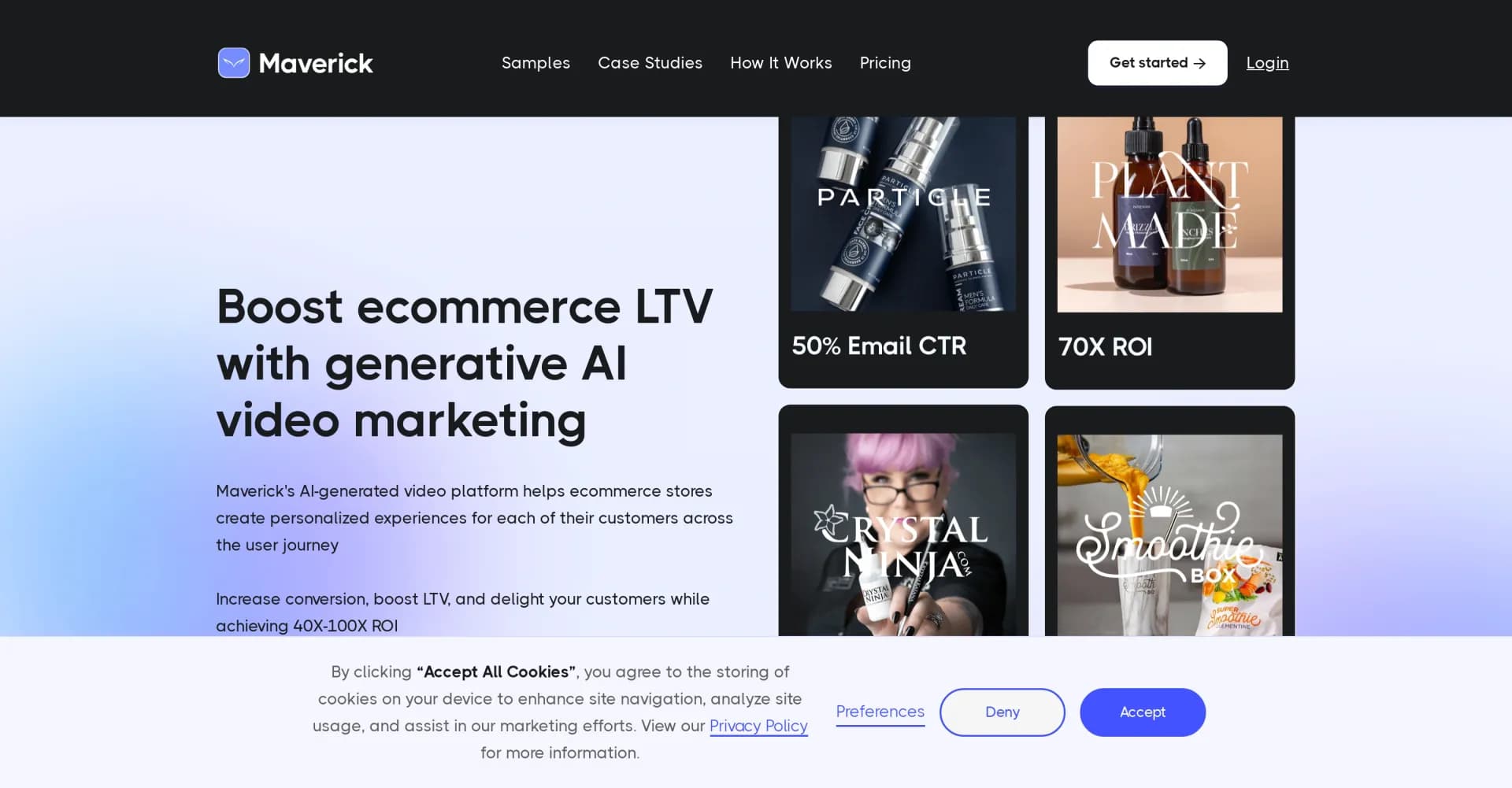 Maverick homepage screenshot — Boost ecommerce LTV with AI-generated video marketing.