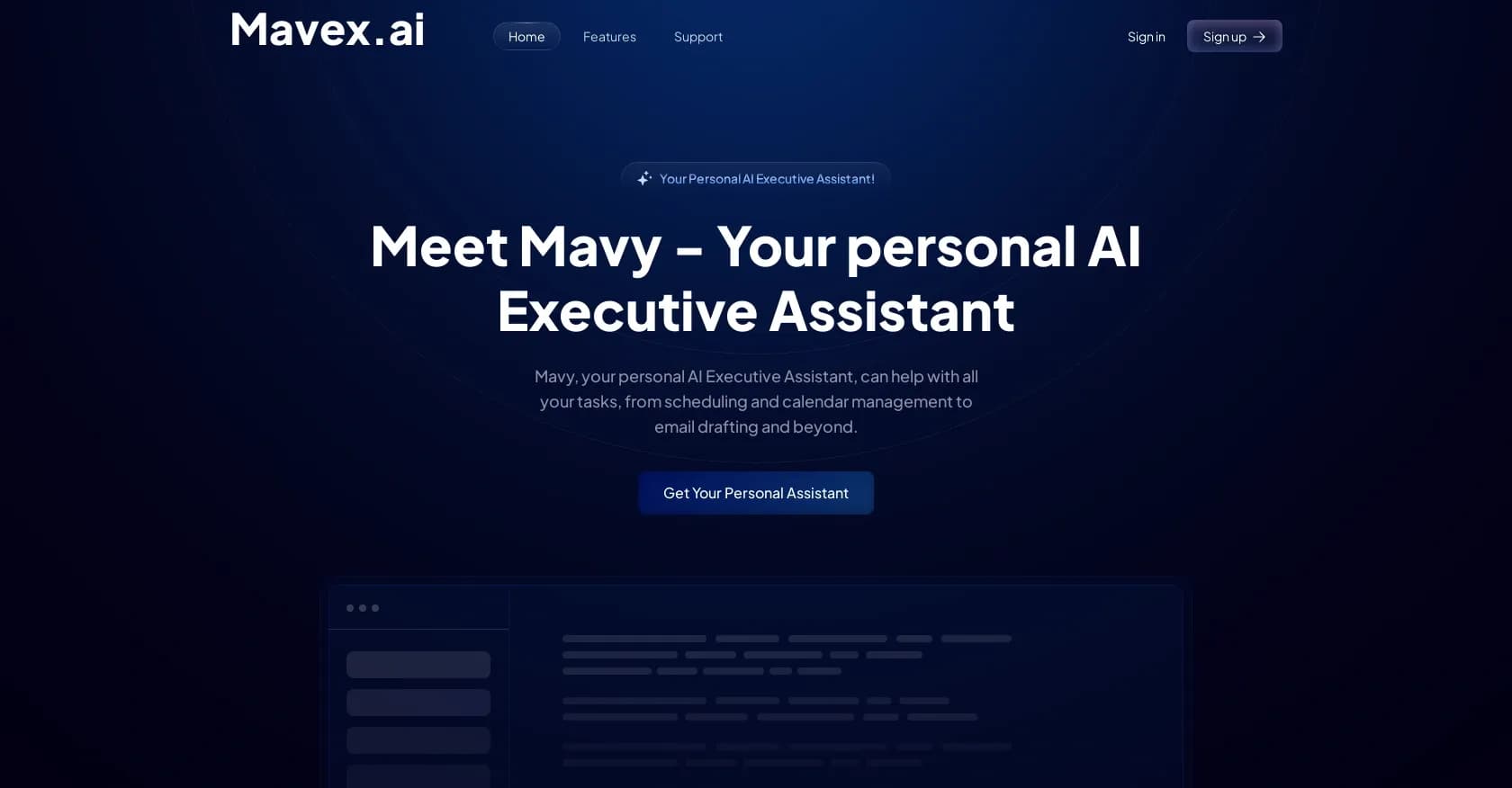 Mavex homepage screenshot — Task optimization: scheduling, calendar, email