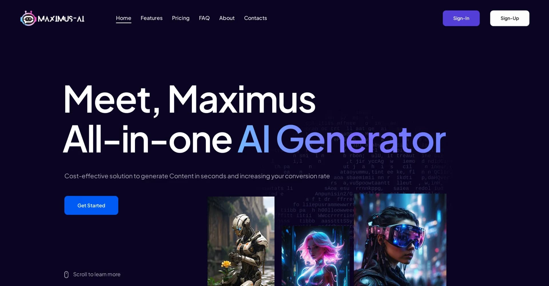Maximus-AI homepage screenshot — Effortlessly generate high-quality content with AI.
