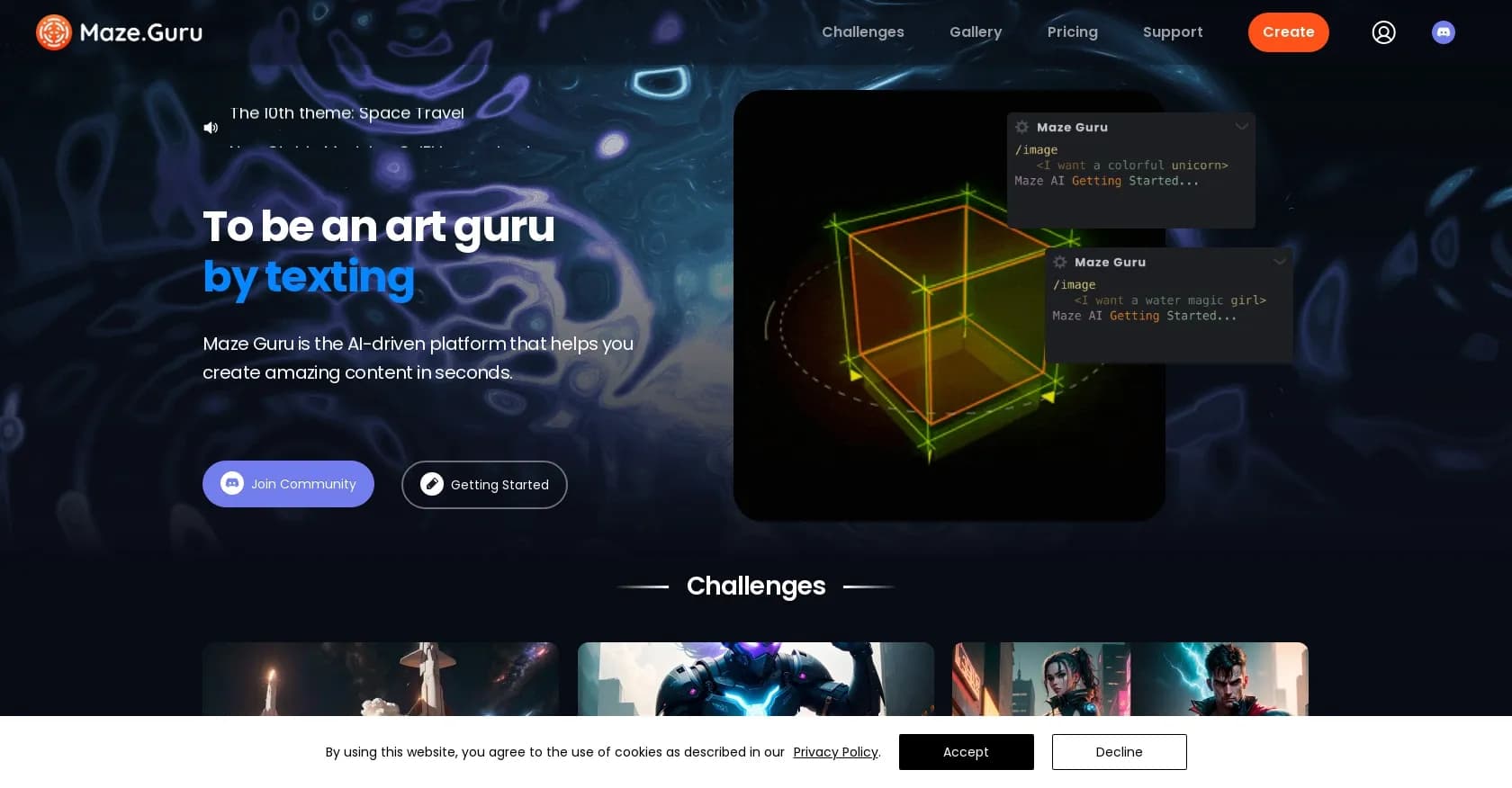 Maze Guru homepage screenshot — Create amazing art through AI-powered texting