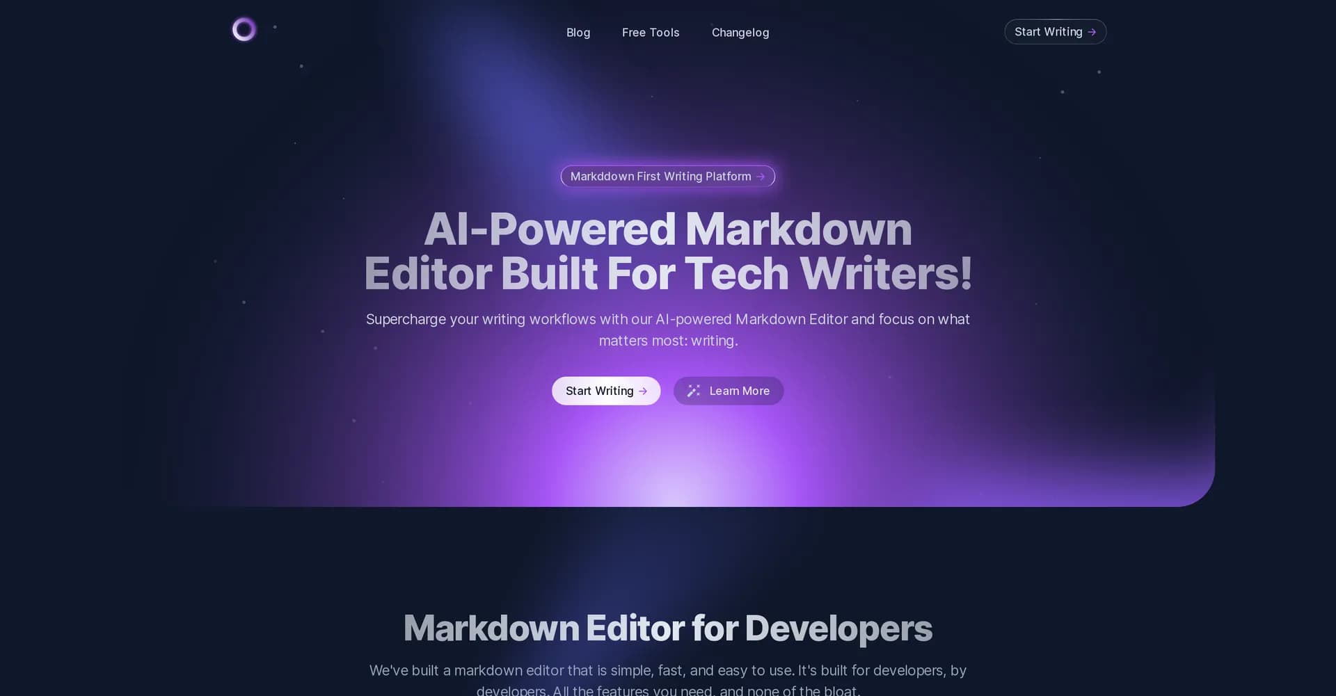 MD Editor homepage screenshot — AI-powered Markdown editor for tech writers