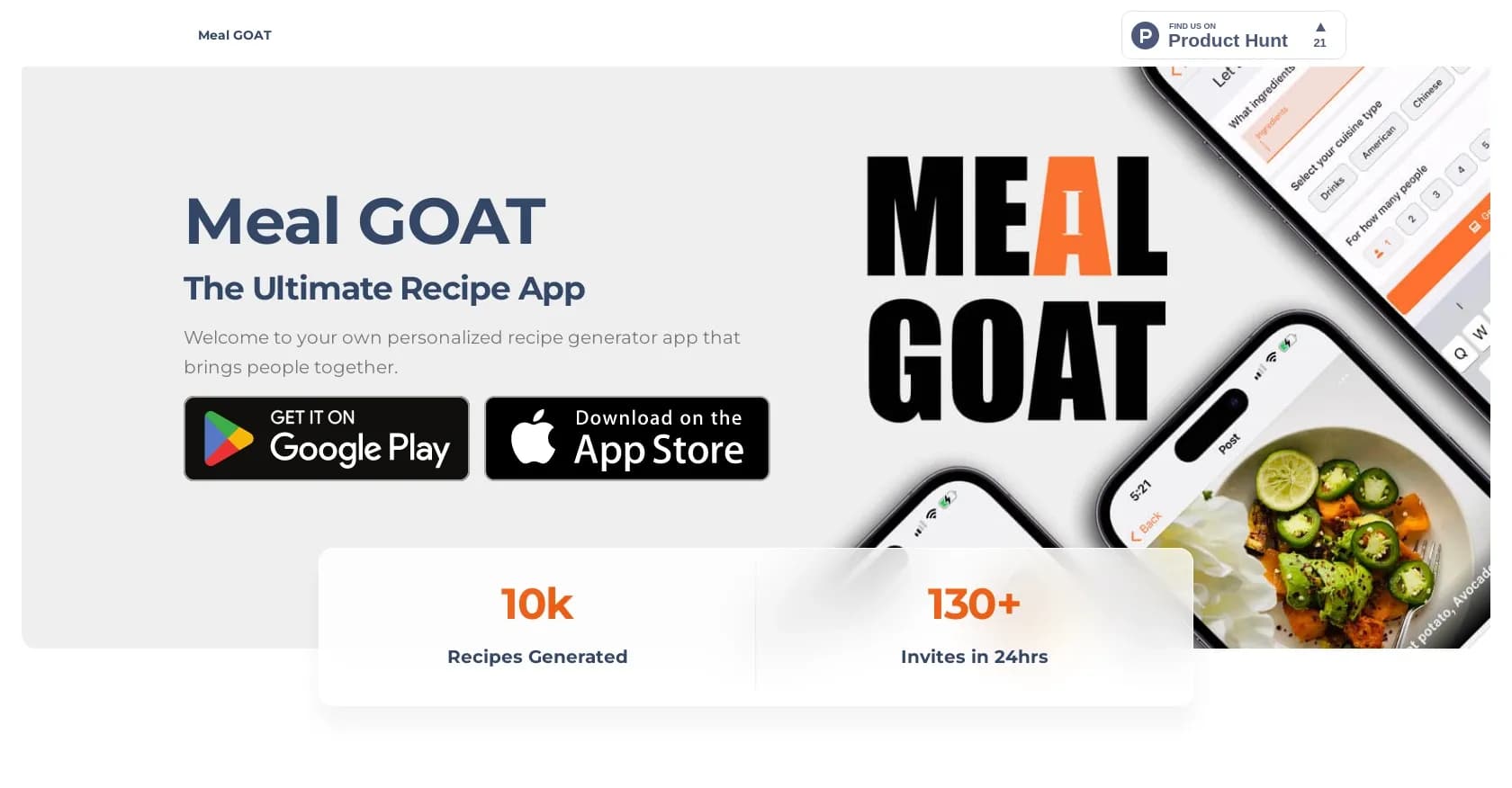 Meal GOAT homepage screenshot — AI-powered recipe generator for personalized meals