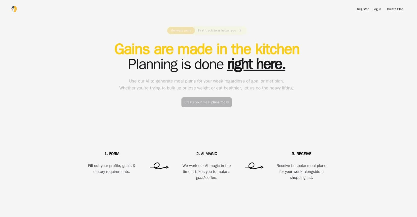 Mealmind homepage screenshot — AI-powered meal plans tailored to your goals