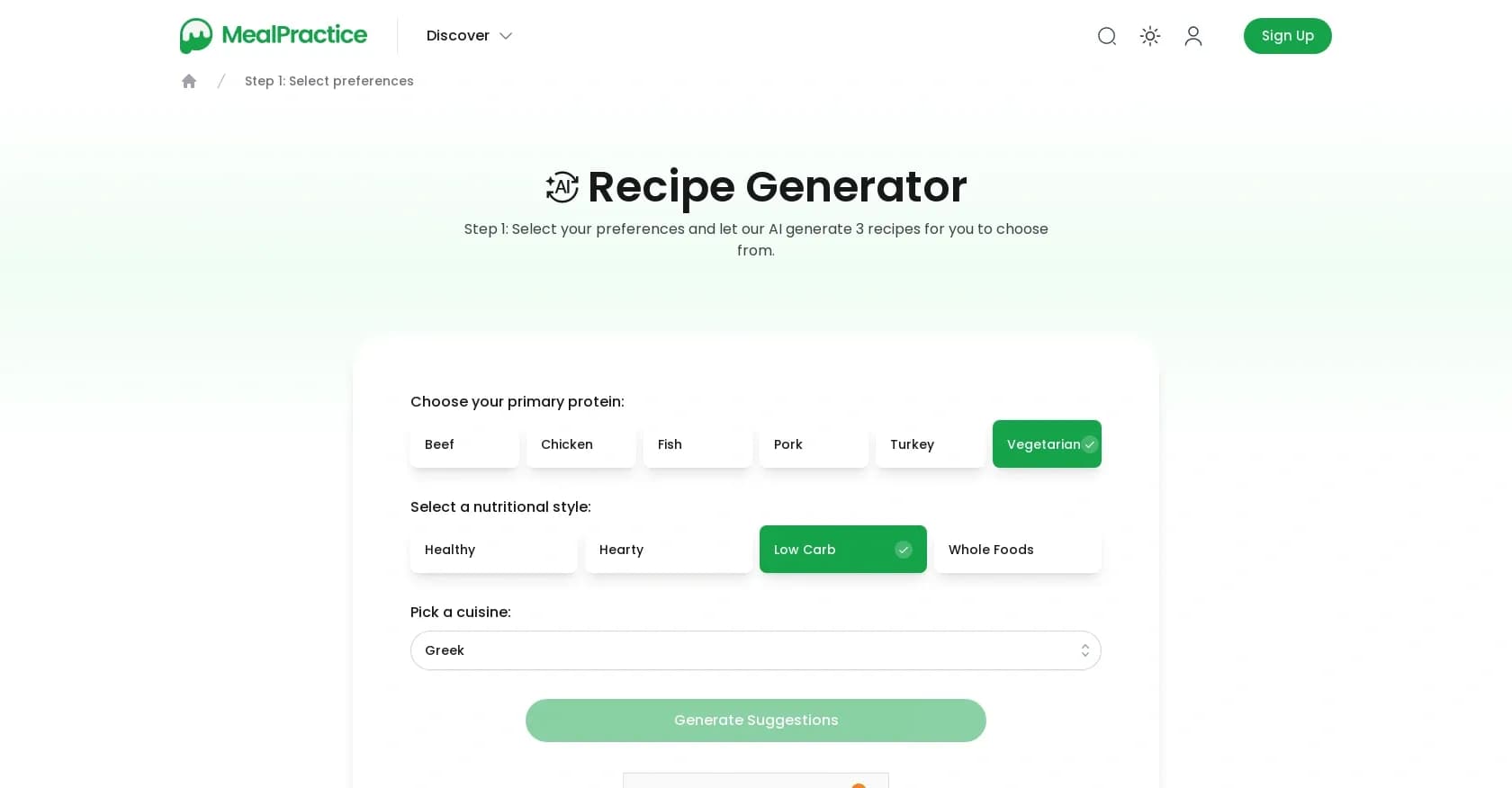 Mealpractice homepage screenshot — AI-powered custom recipe generator in seconds