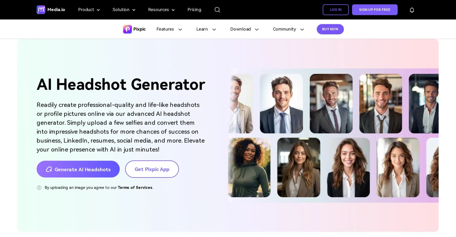 Media Headshot Generator homepage screenshot — Create professional AI headshots instantly