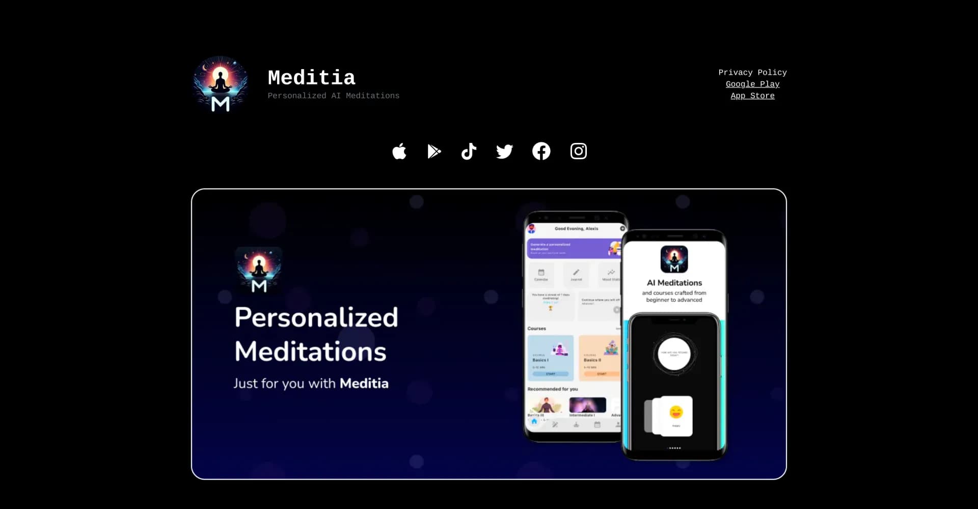 Meditia App homepage screenshot — AI-powered custom meditations for relaxation and focus.
