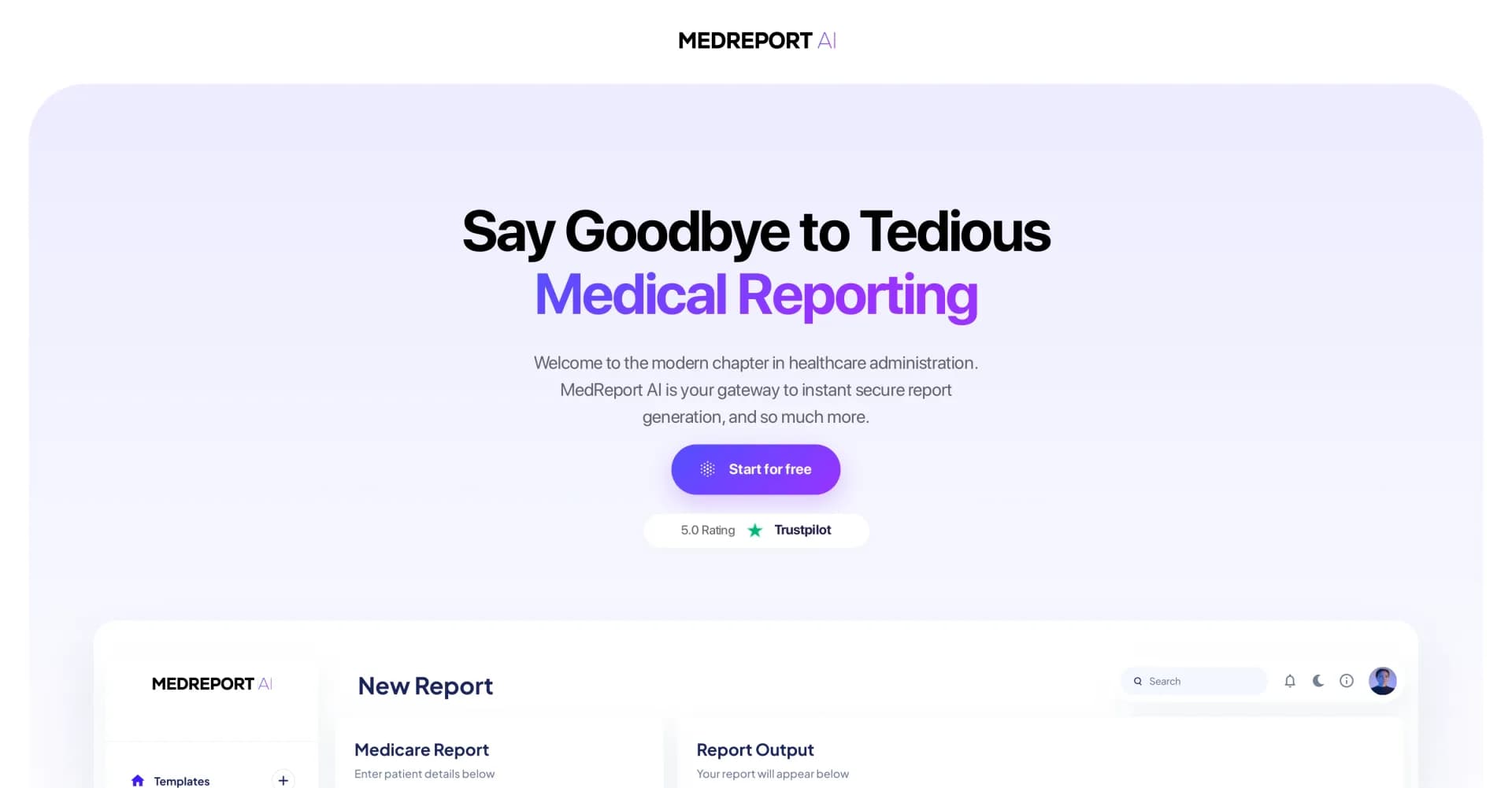 Medreport homepage screenshot — Generate professional healthcare reports in a click
