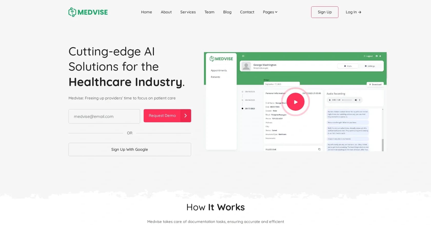 Medvise homepage screenshot — AI solutions to free providers for patient care