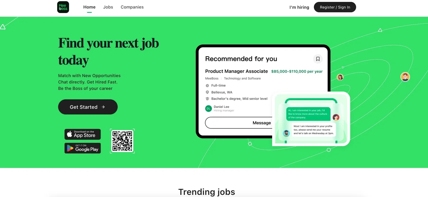 MeeBoss homepage screenshot — Chat directly with hiring managers. Get hired faster.