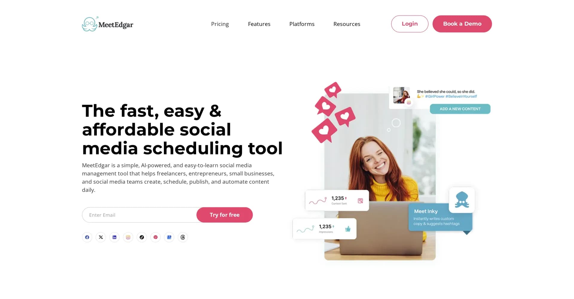 MeetEdgar homepage screenshot — Fast, easy social media management and automation