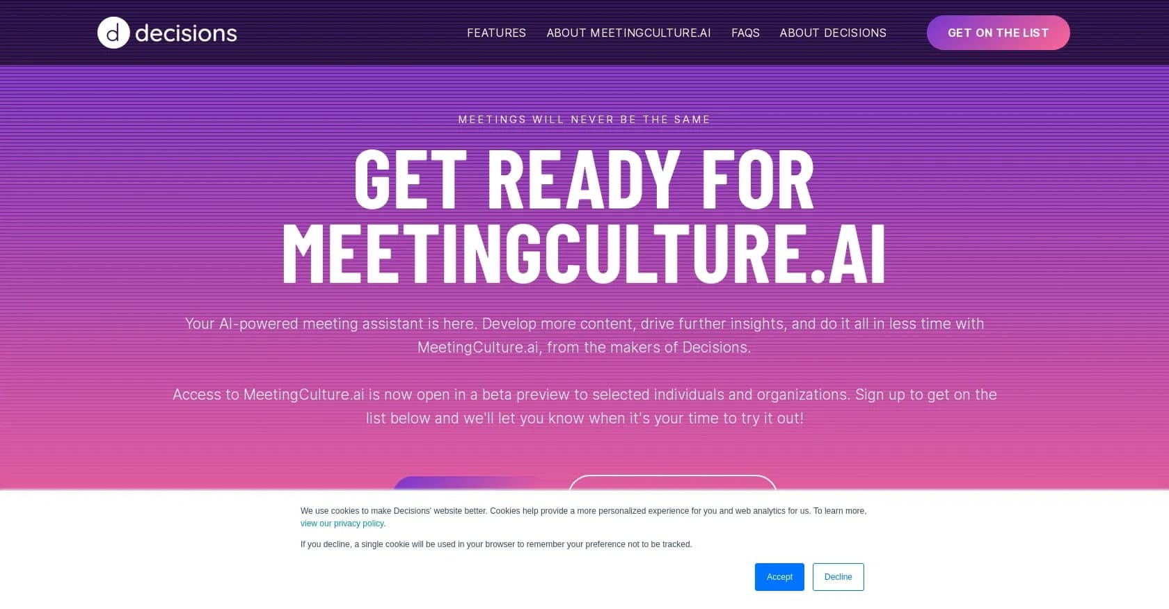 Meeting culture homepage screenshot — AI-powered meeting assistant for enhanced productivity