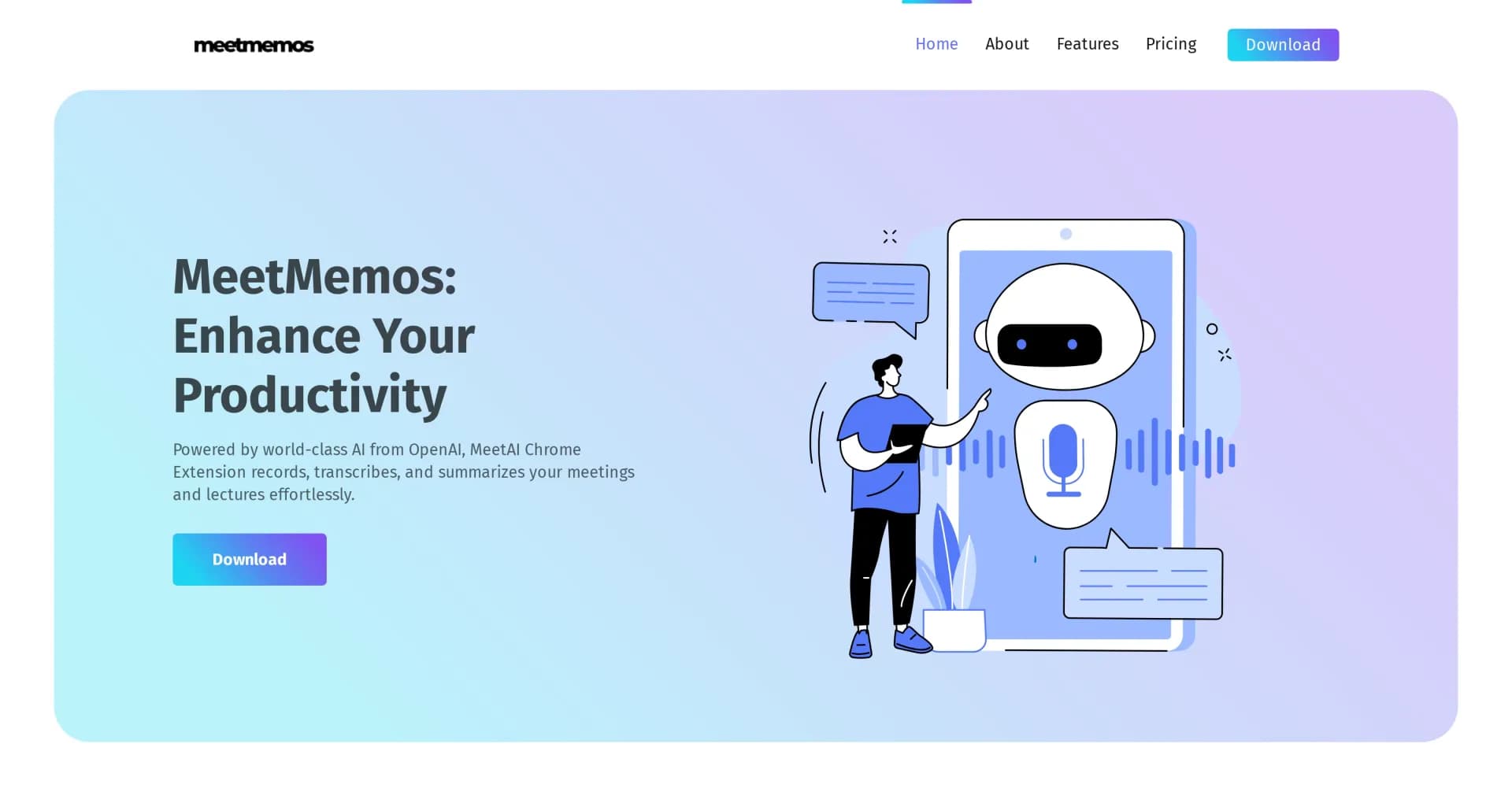 MeetMemos AI homepage screenshot — Record, transcribe, and summarize meetings effortlessly.