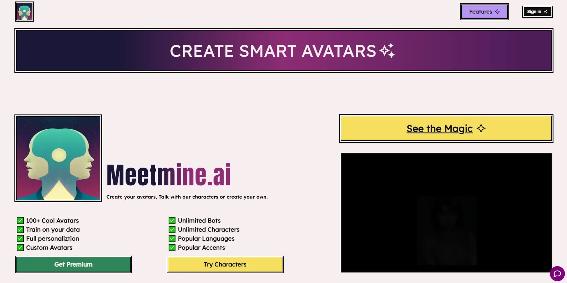 Meetmine homepage screenshot — Create AI characters with lifelike expressions and emotions.