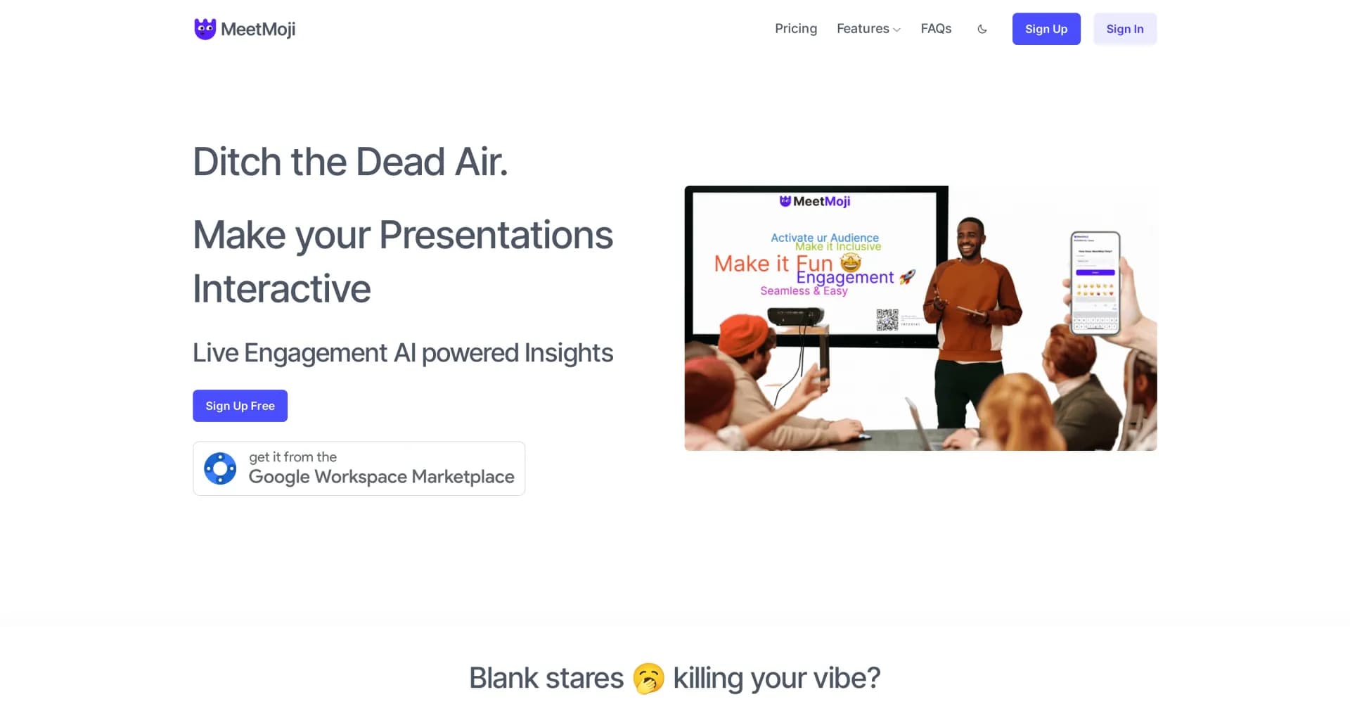 MeetMoji homepage screenshot — Make your presentations interactive and engaging.