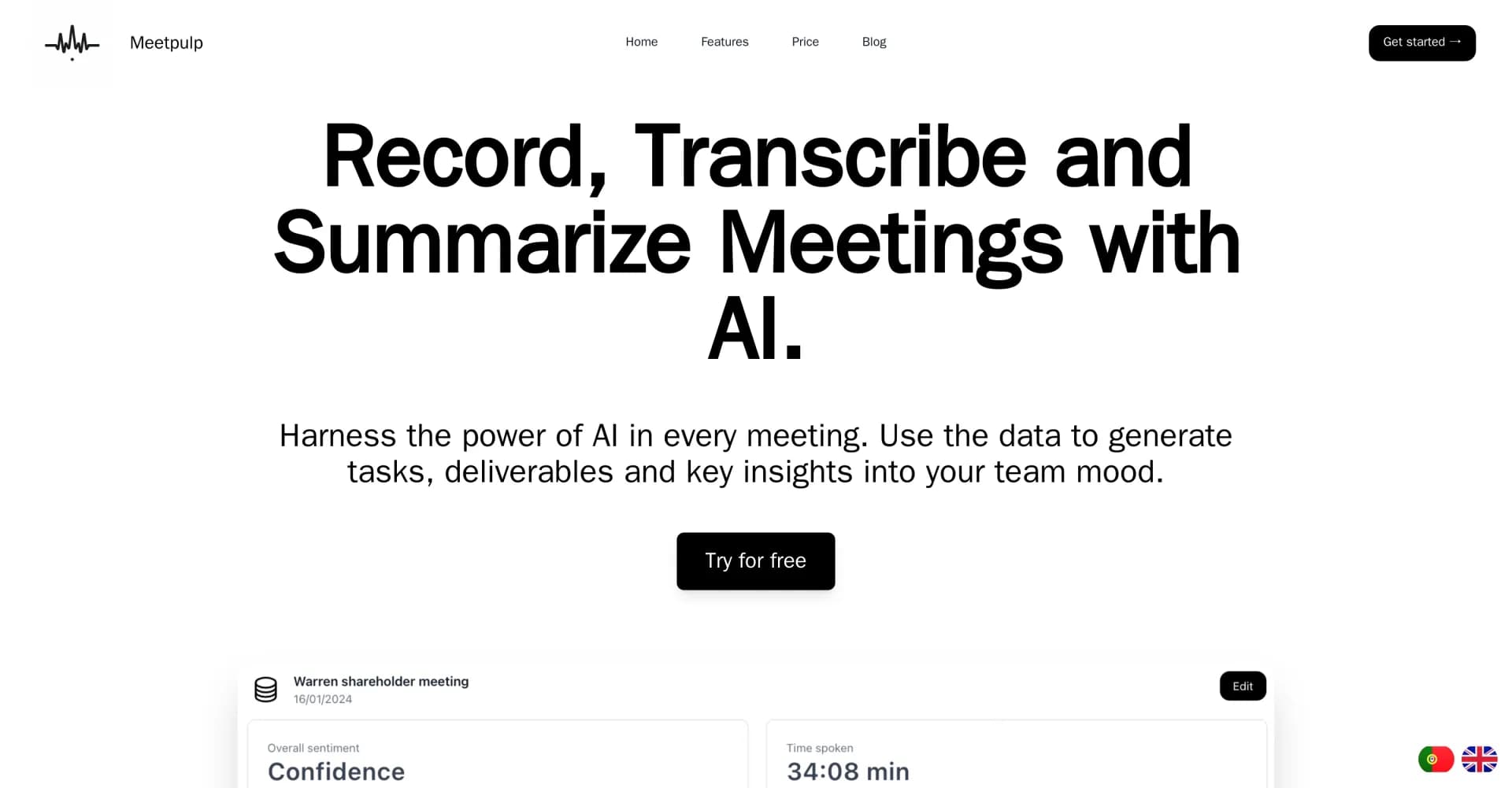 MeetPulp homepage screenshot — AI-powered meeting productivity.