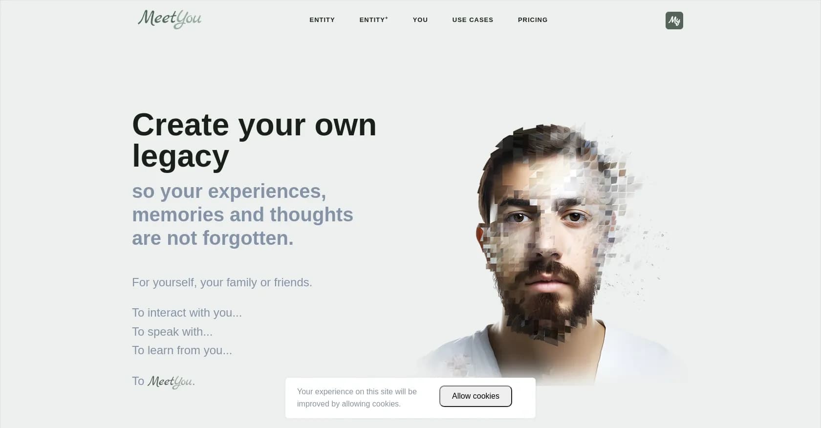 MeetYou homepage screenshot — Create a digital legacy of yourself.