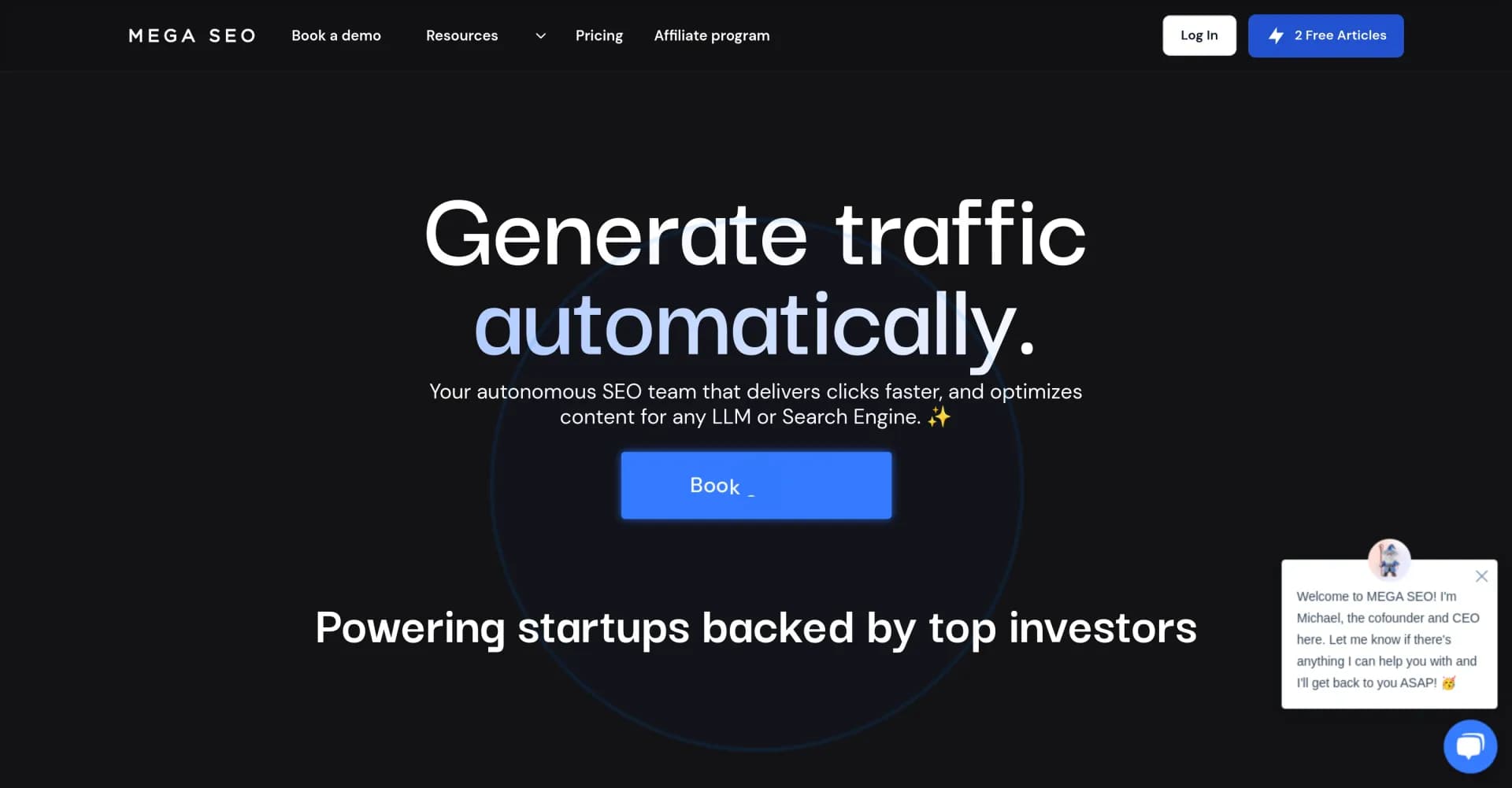 Mega SEO homepage screenshot — Your autonomous SEO team that delivers clicks faster.