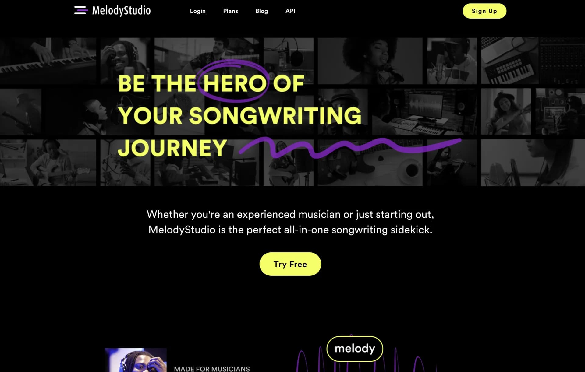 Melody Studio homepage screenshot — Unleash your inner musician with AI-powered melody generatio